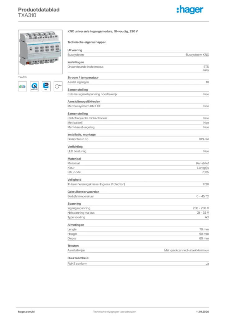Afbeelding Hager Productdatablad TXA310 | Hager Nederland