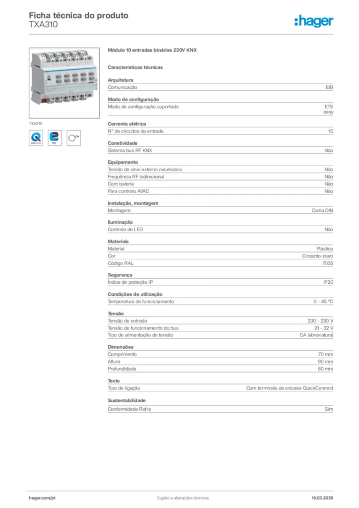 Imagem Hager Ficha técnica do produto TXA310 | Hager Portugal