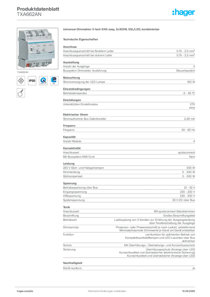 Hager Produktdatenblatt TXA662AN