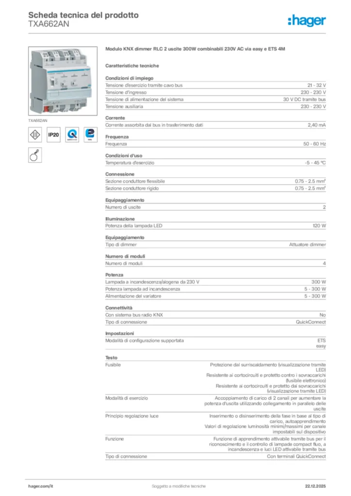 Immagine Hager Scheda tecnica del prodotto TXA662AN | Hager Italia