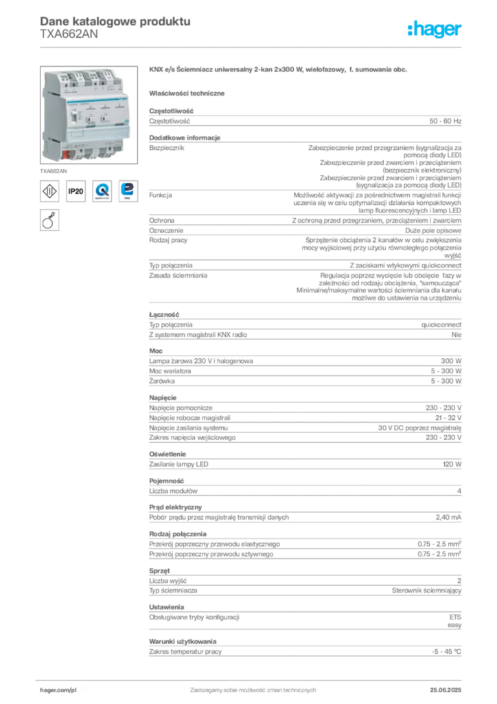 Zdjęcie Hager Dane katalogowe produktu TXA662AN | Hager Polska