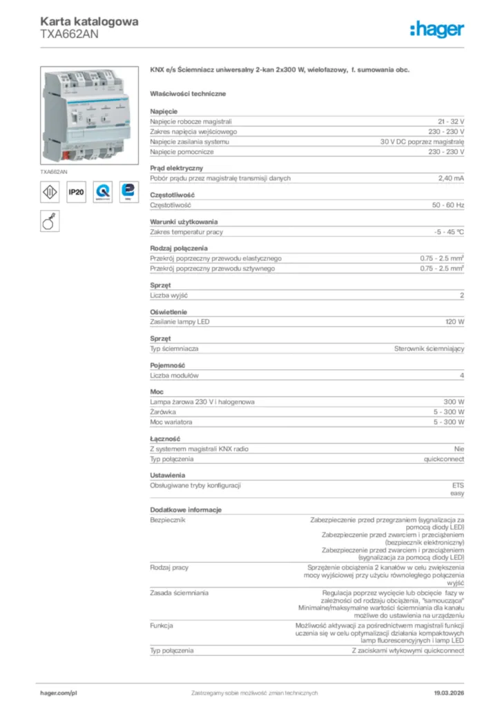 Zdjęcie Hager Karta katalogowa TXA662AN | Hager Polska