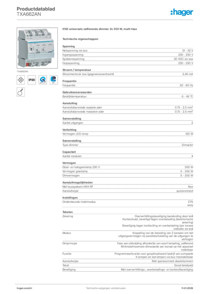 Afbeelding Hager Productdatablad TXA662AN | Hager Nederland