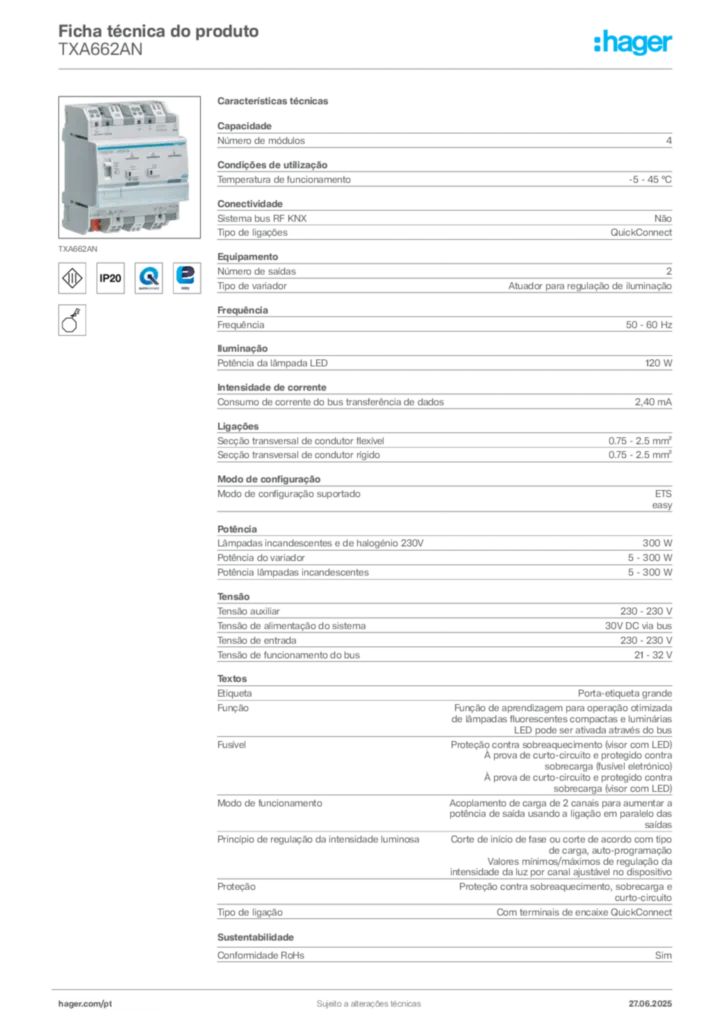 Imagem Hager Ficha técnica do produto TXA662AN | Hager Portugal