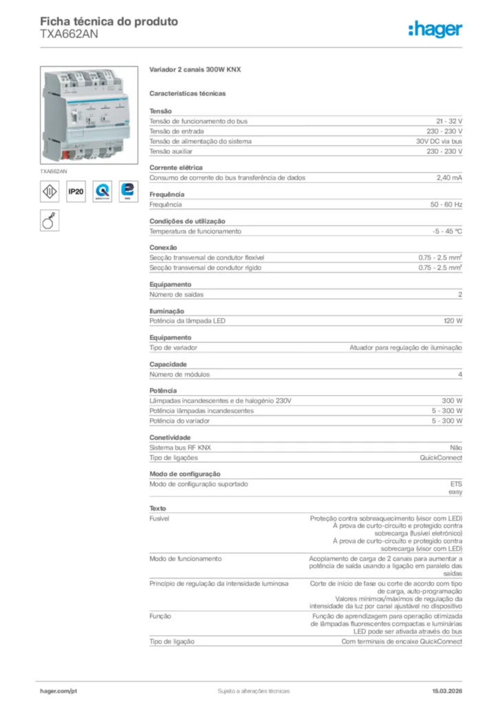 Imagem Hager Ficha técnica do produto TXA662AN | Hager Portugal