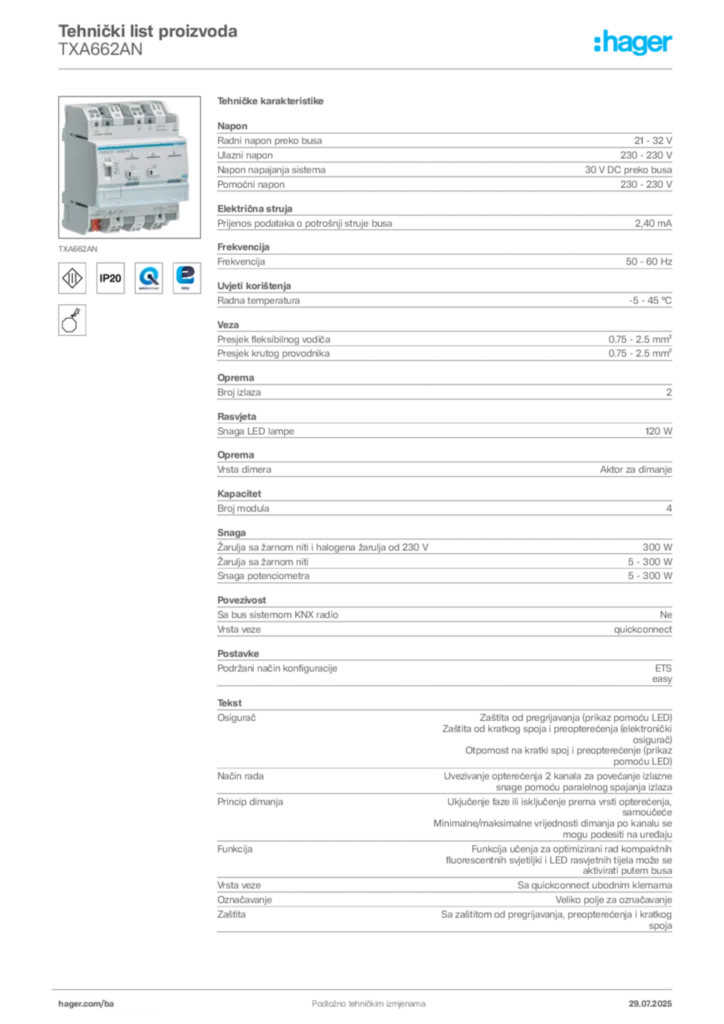 Slika Hager Product data sheet TXA662AN  | Hager