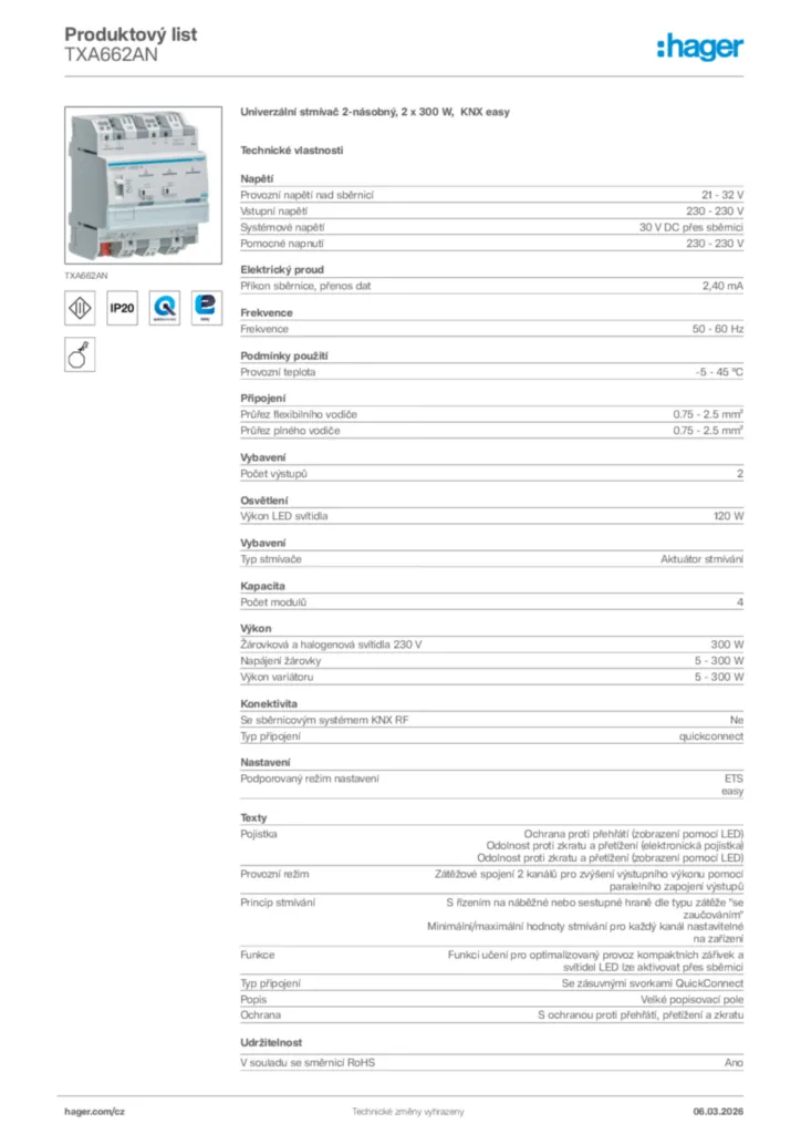 Obrázek Hager Product data sheet TXA662AN | Hager