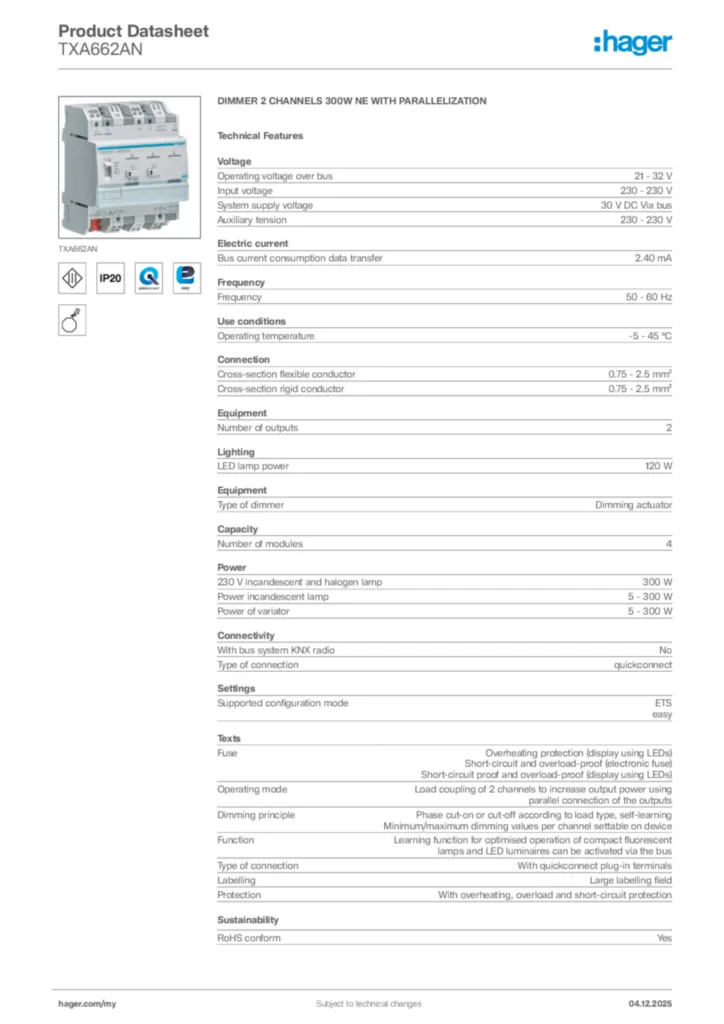 Image Hager Product data sheet TXA662AN  | Hager