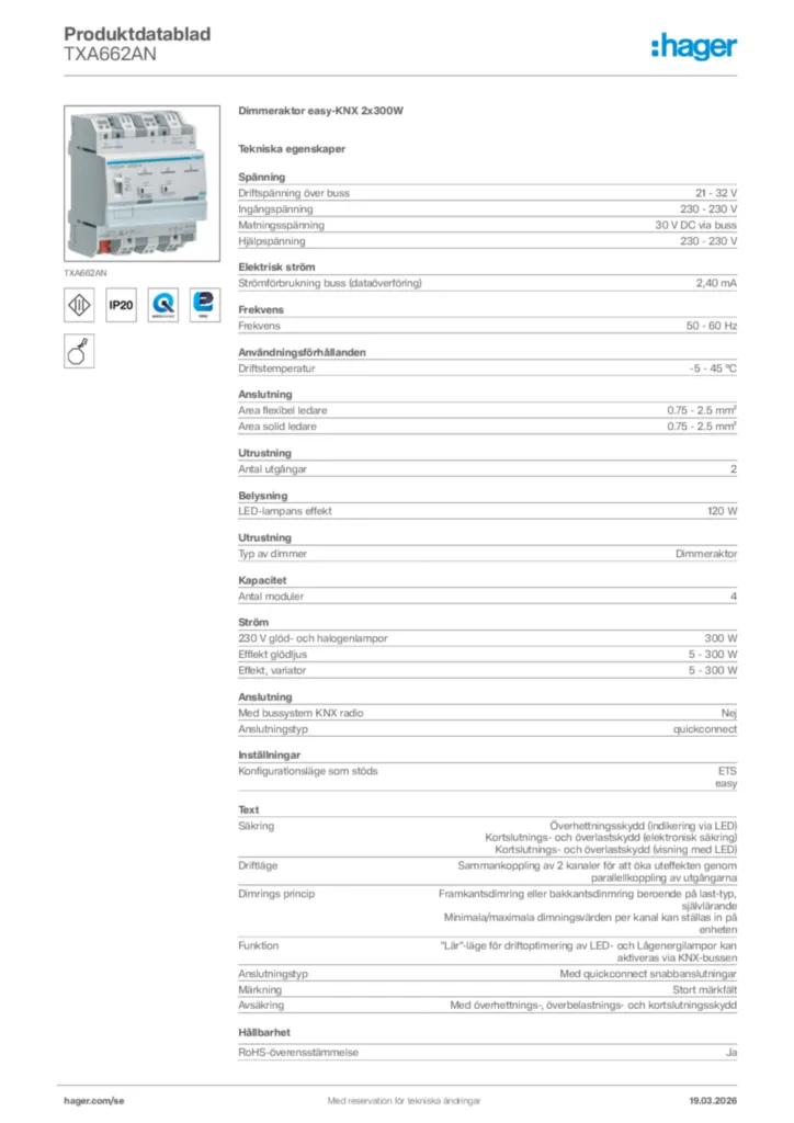 Bild Hager Produktdatablad TXA662AN | Hager Sverige