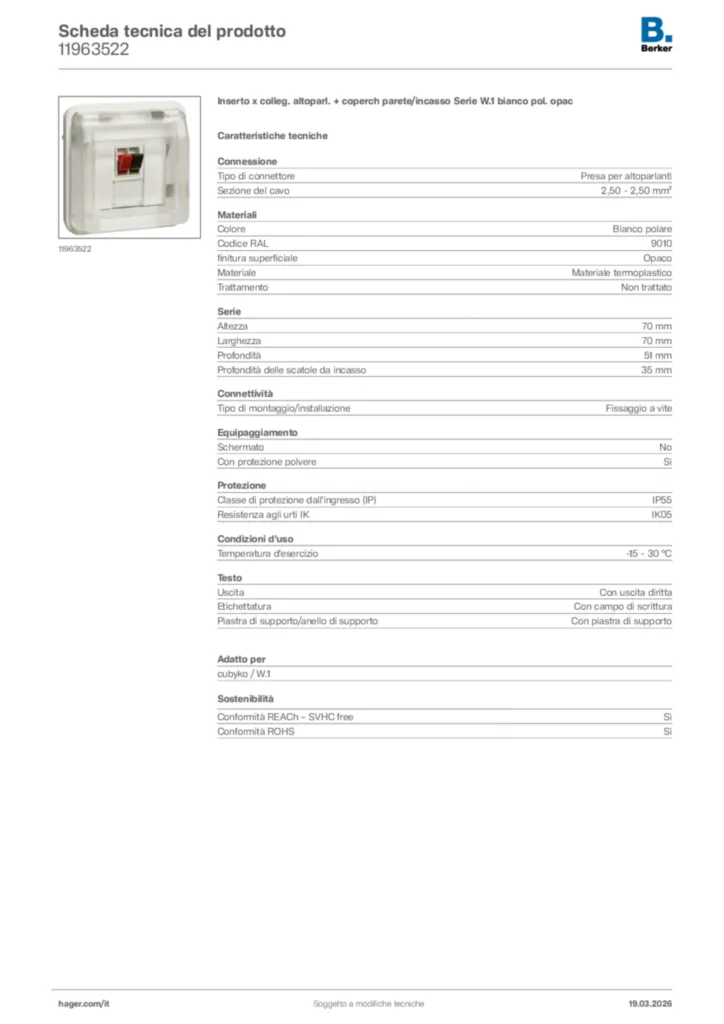 Immagine Berker Scheda tecnica del prodotto 11963522 | Hager Italia