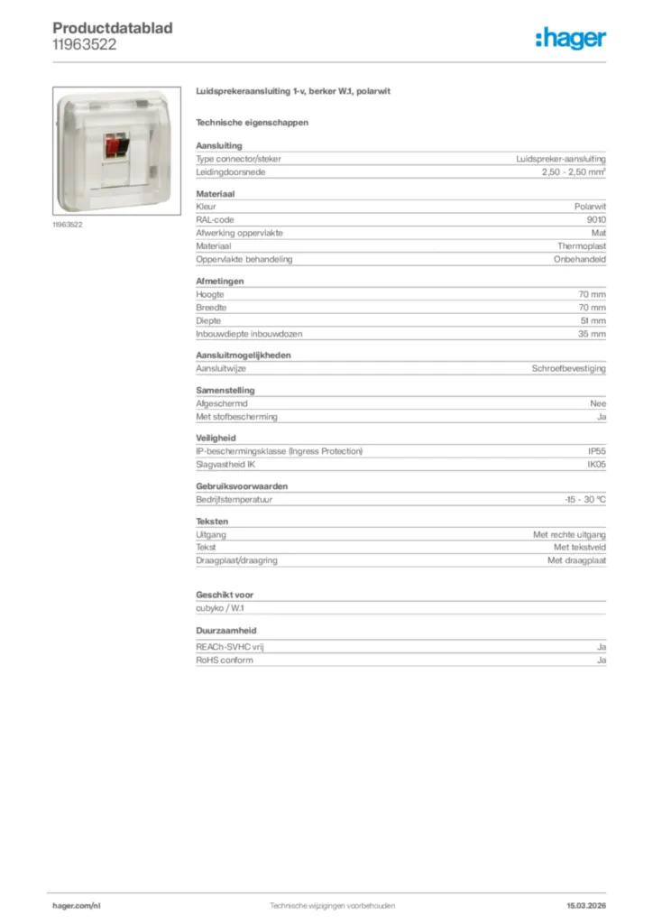 Afbeelding Hager Productdatablad 11963522 | Hager Nederland