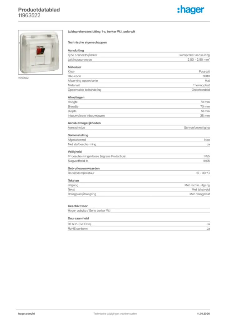 Afbeelding Hager Productdatablad 11963522 | Hager Nederland