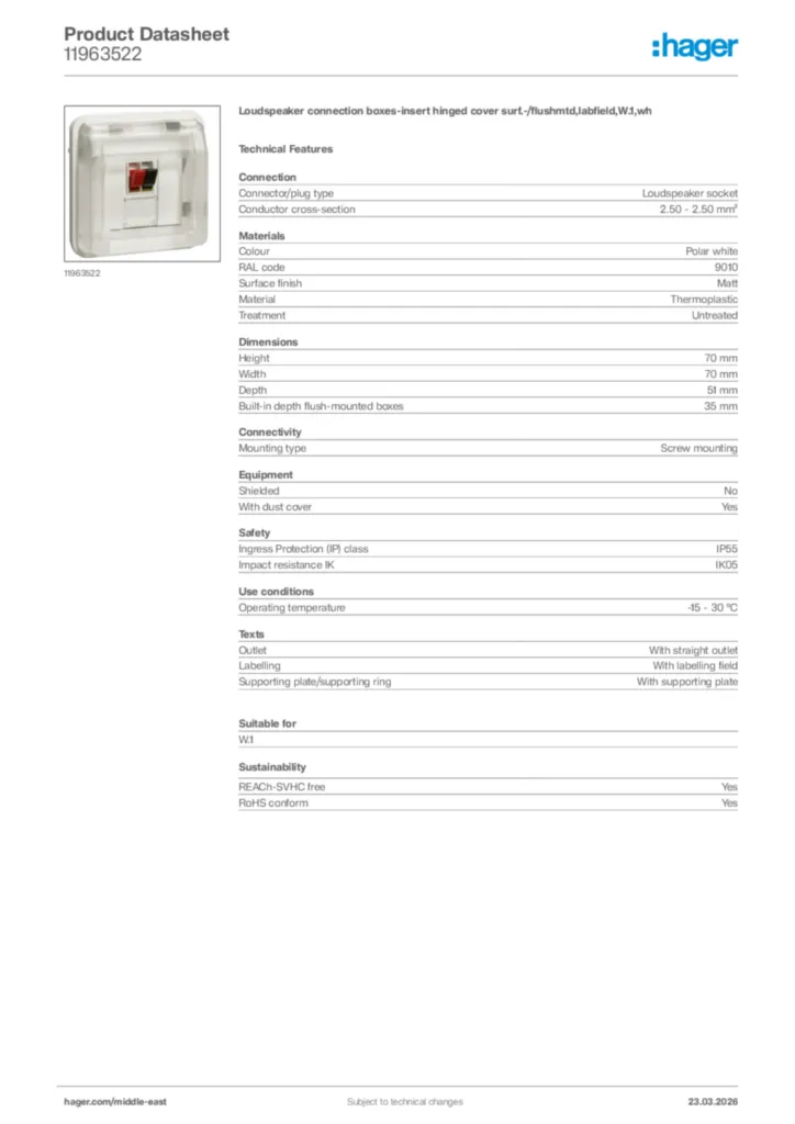 Image Hager Product data sheet 11963522  | Hager