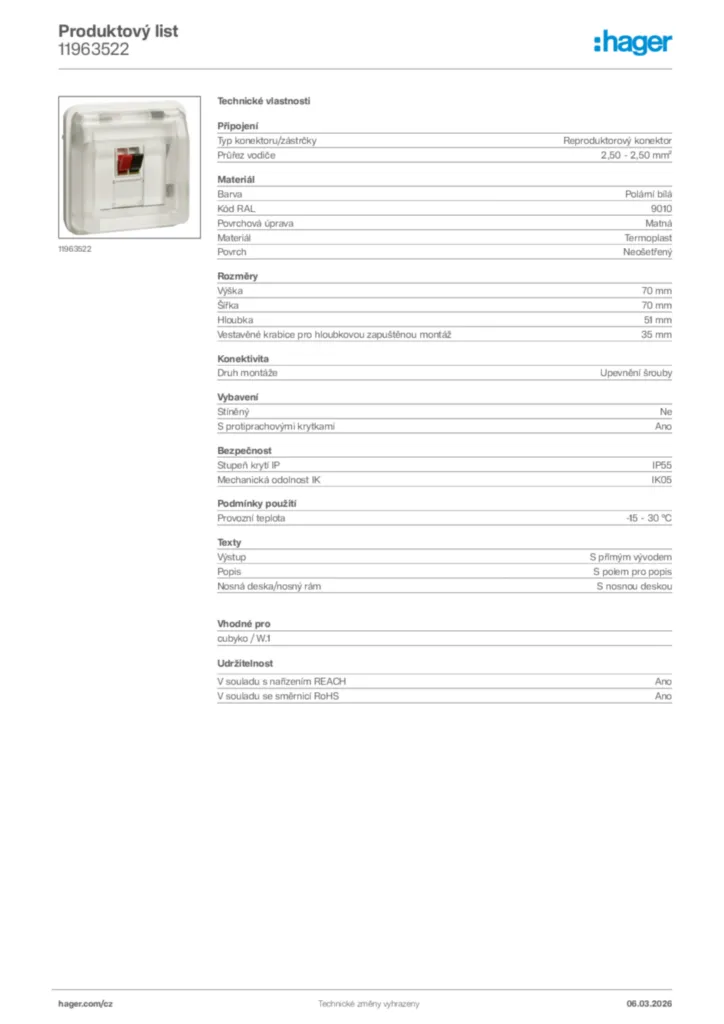 Obrázek Hager Product data sheet 11963522 | Hager