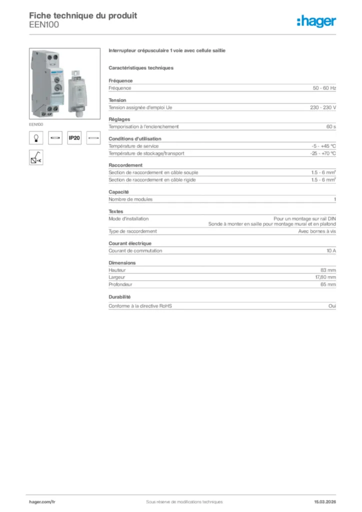 Image Hager Fiche technique du produit EEN100 | Hager France