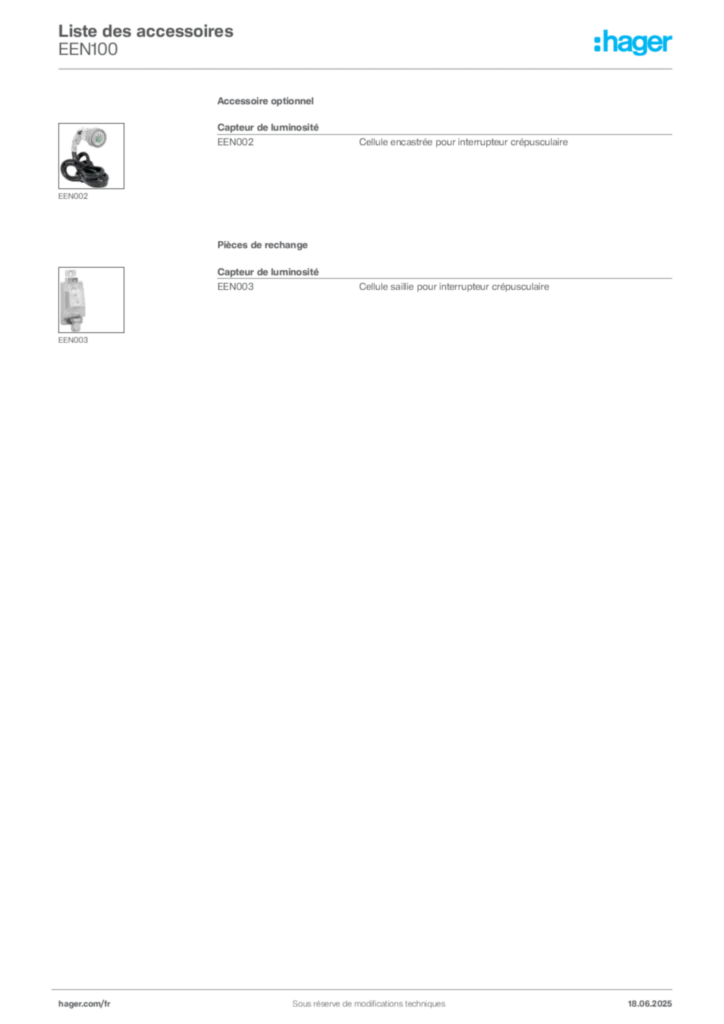 Image Hager Fiche technique du produit EEN100 | Hager France