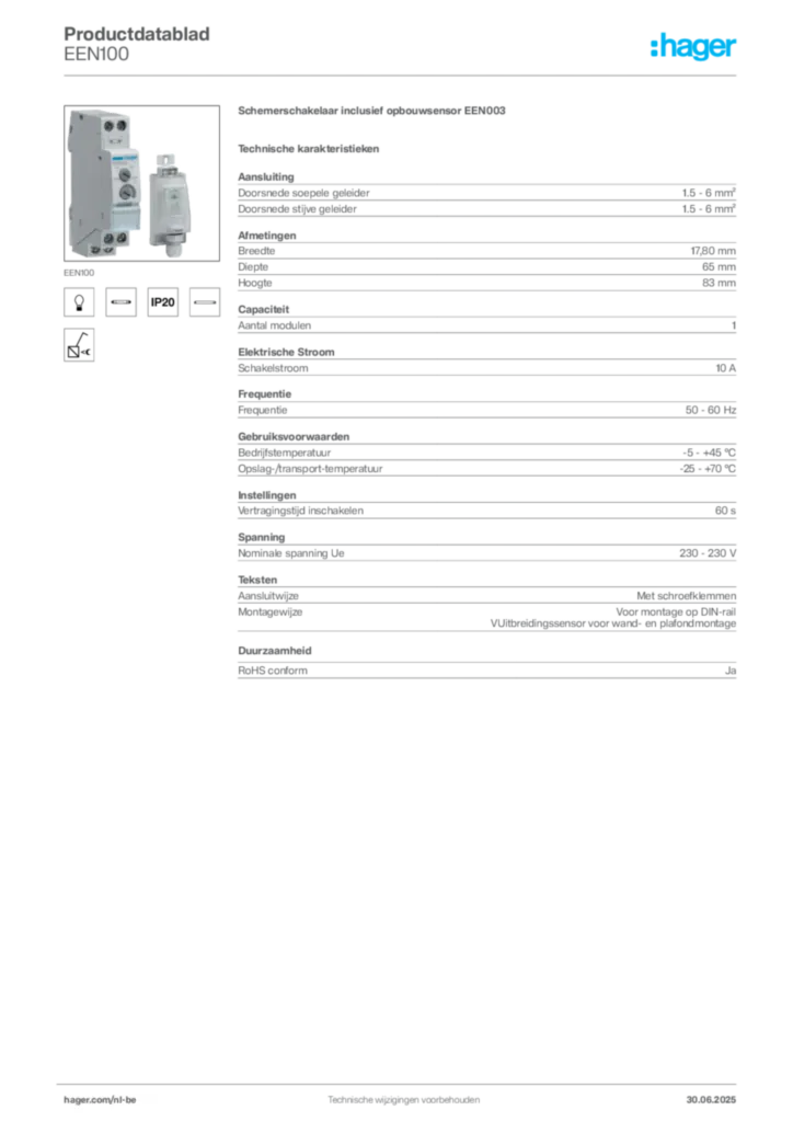 Afbeelding Hager Productdatablad EEN100 | Hager Belgium