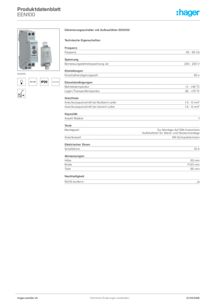 Bild Hager Produktdatenblatt EEN100 | Hager Schweiz