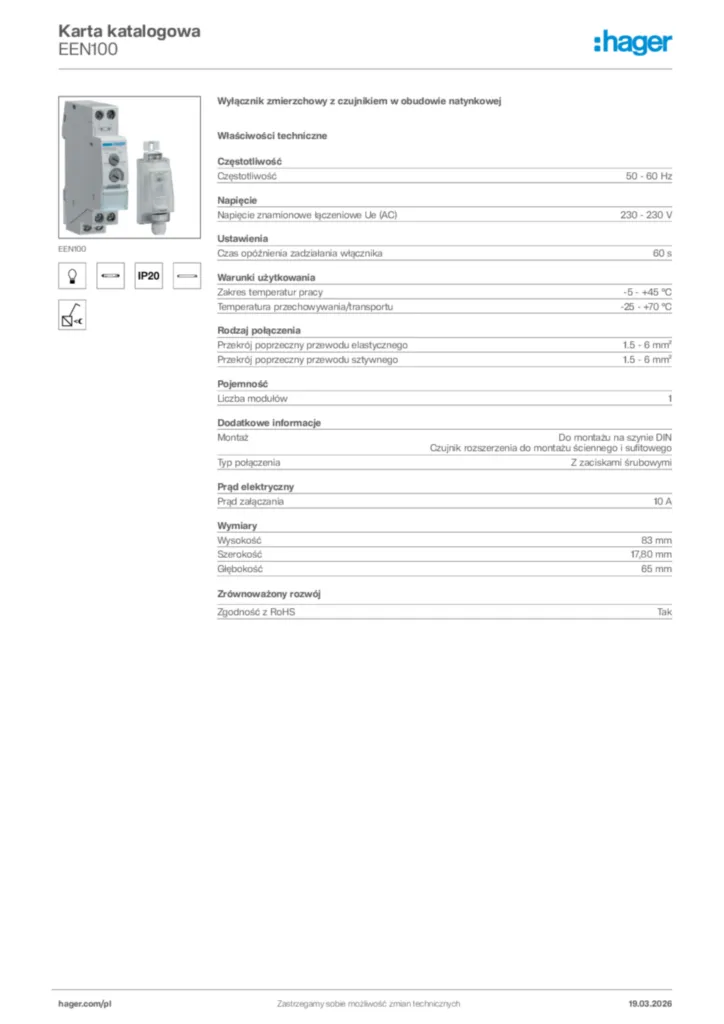 Zdjęcie Hager Karta katalogowa EEN100 | Hager Polska