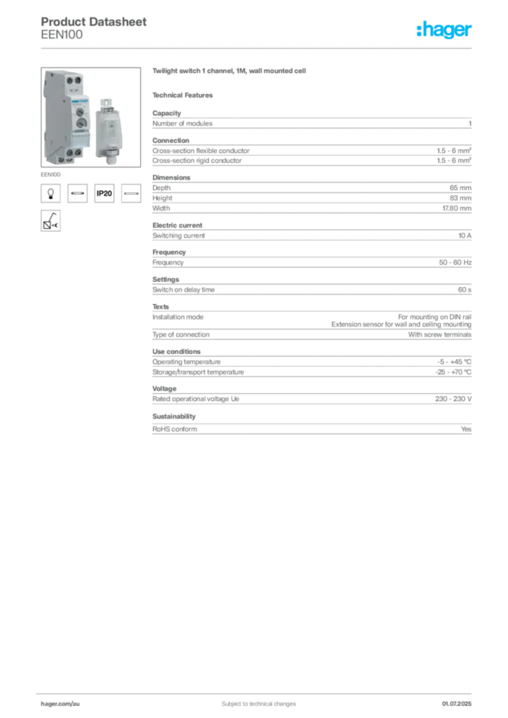 Image Hager Product data sheet EEN100  | Hager Australia
