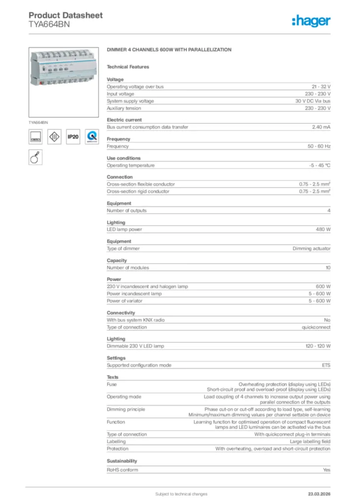 Image Hager Product data sheet TYA664BN  | Hager Africa