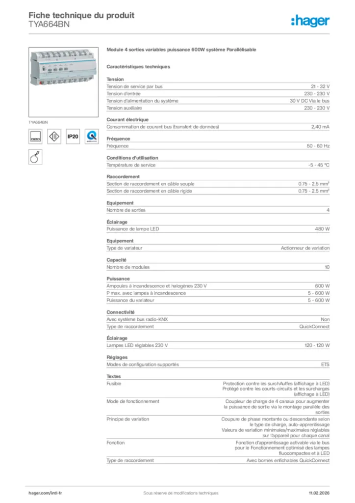 Image Hager Fiche technique du produit TYA664BN | Hager Afrique