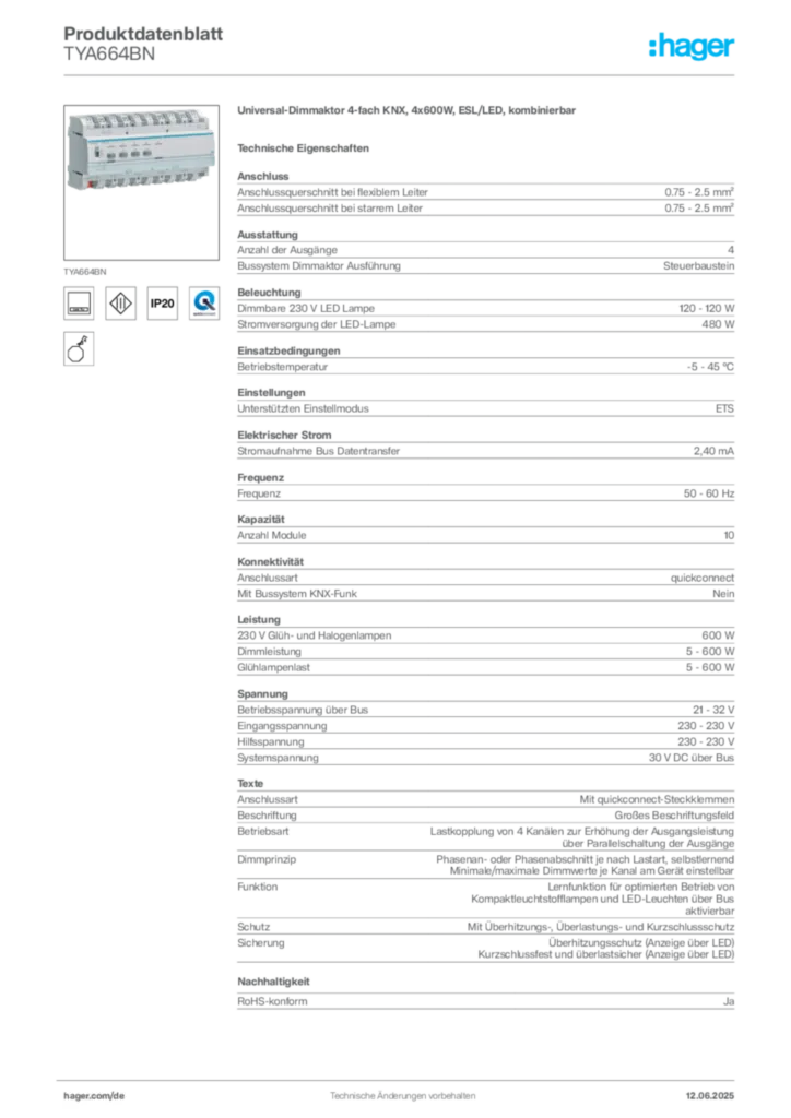 Hager Produktdatenblatt TYA664BN