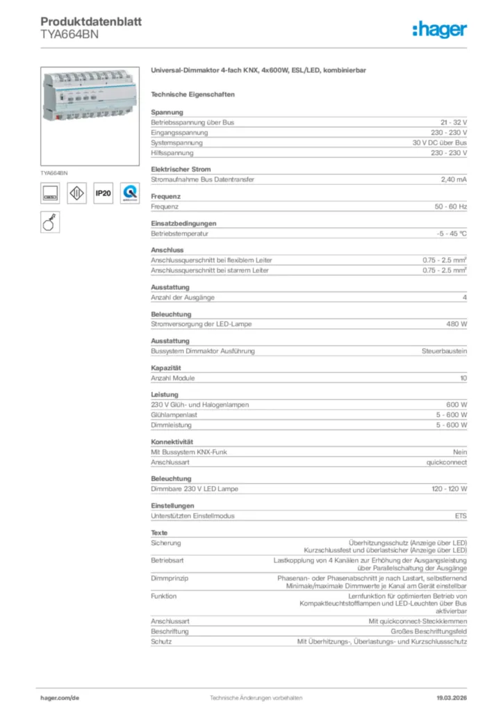 Bild Hager Produktdatenblatt TYA664BN | Hager Deutschland