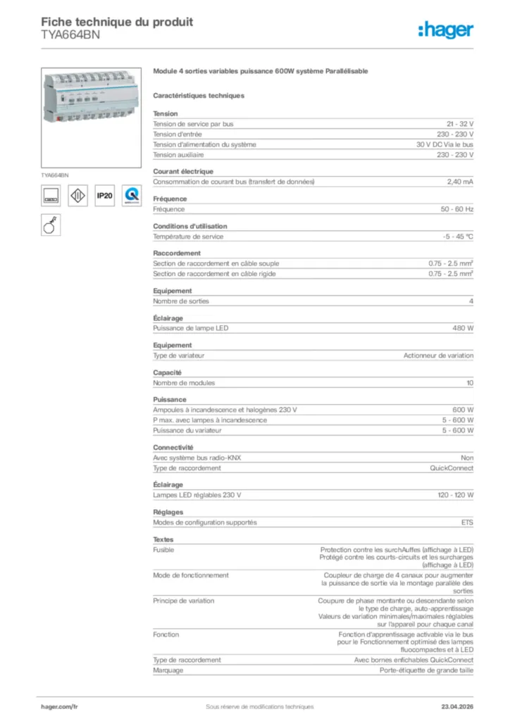 Image Hager Fiche technique du produit TYA664BN | Hager France