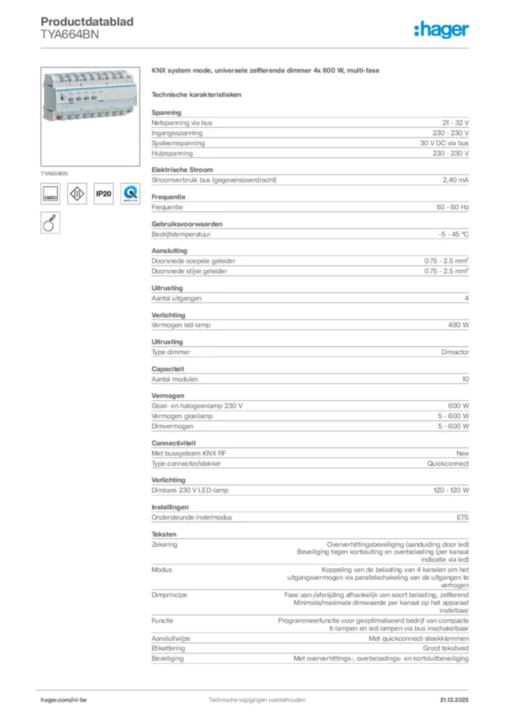 Afbeelding Hager Productdatablad TYA664BN | Hager Belgium