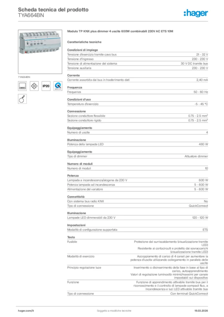Immagine Hager Scheda tecnica del prodotto TYA664BN | Hager Italia