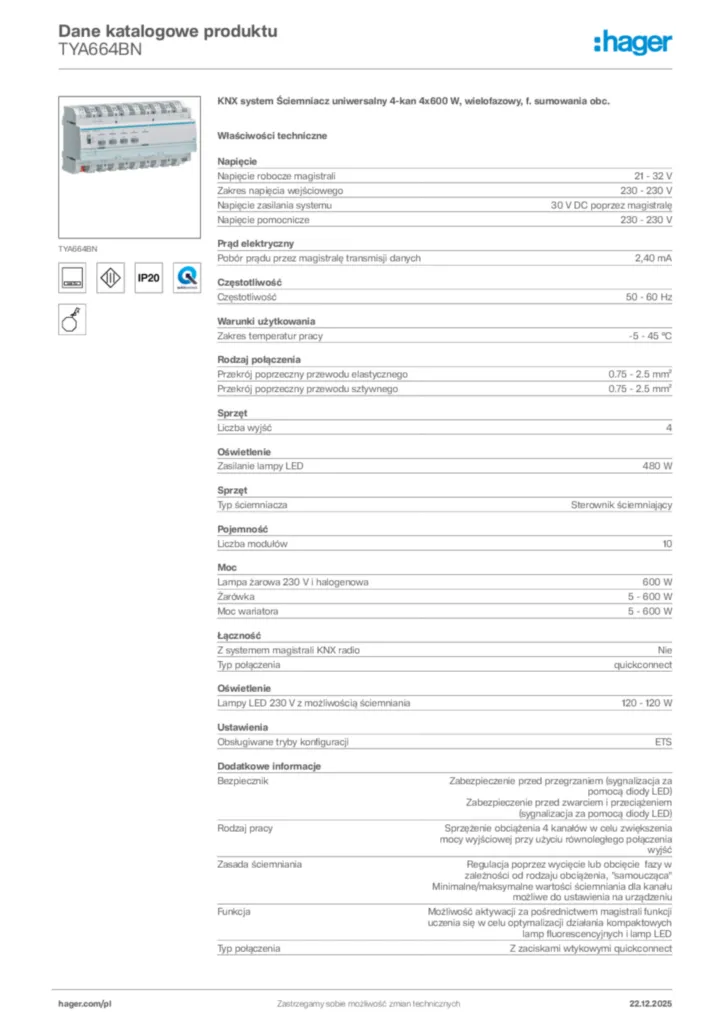 Zdjęcie Hager Dane katalogowe produktu TYA664BN | Hager Polska