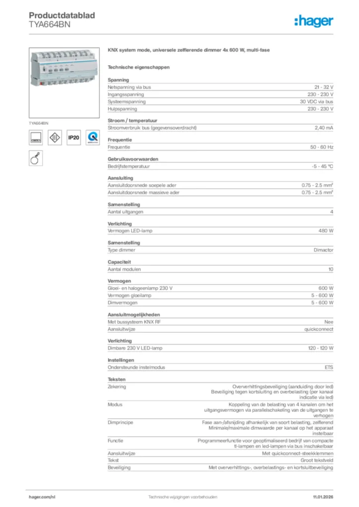 Afbeelding Hager Productdatablad TYA664BN | Hager Nederland
