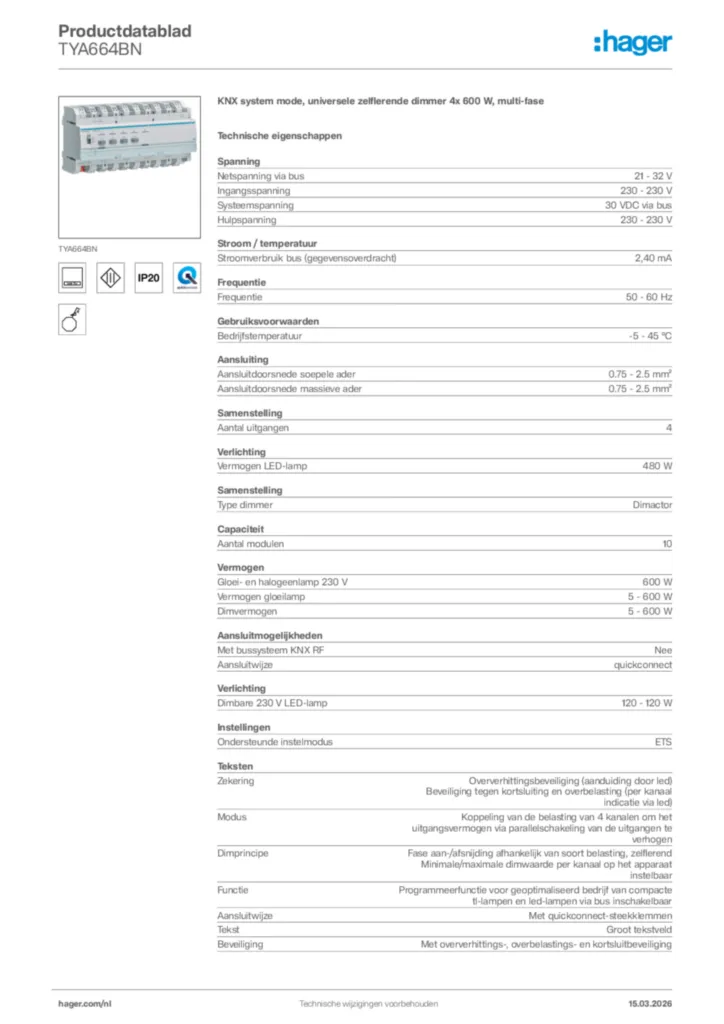 Afbeelding Hager Productdatablad TYA664BN | Hager Nederland