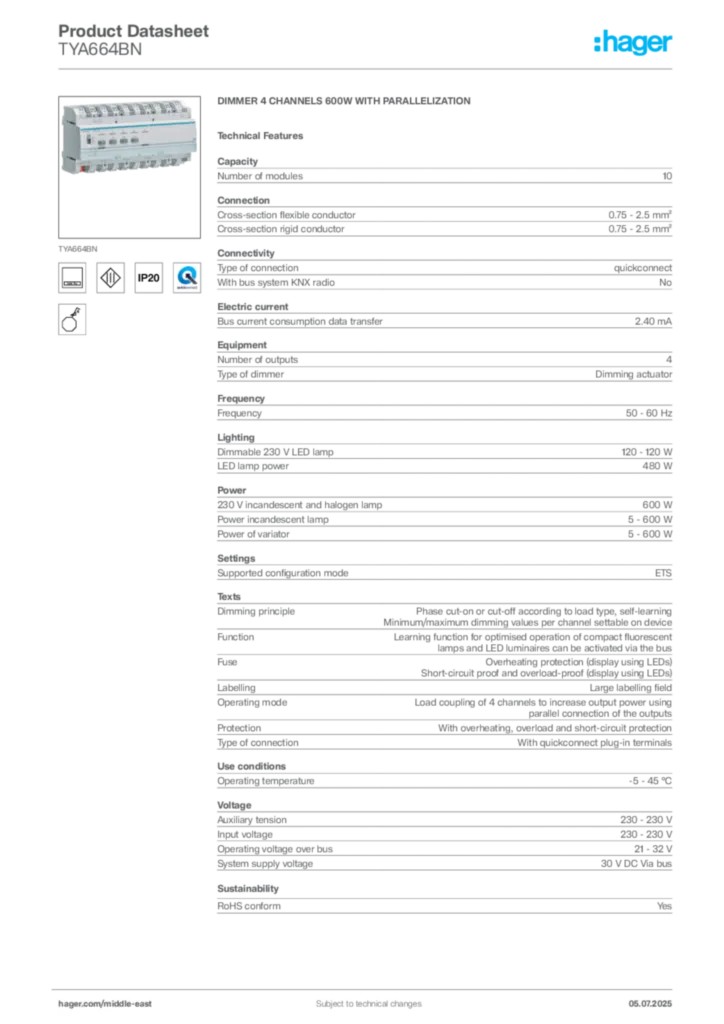 Image Hager Product data sheet TYA664BN  | Hager