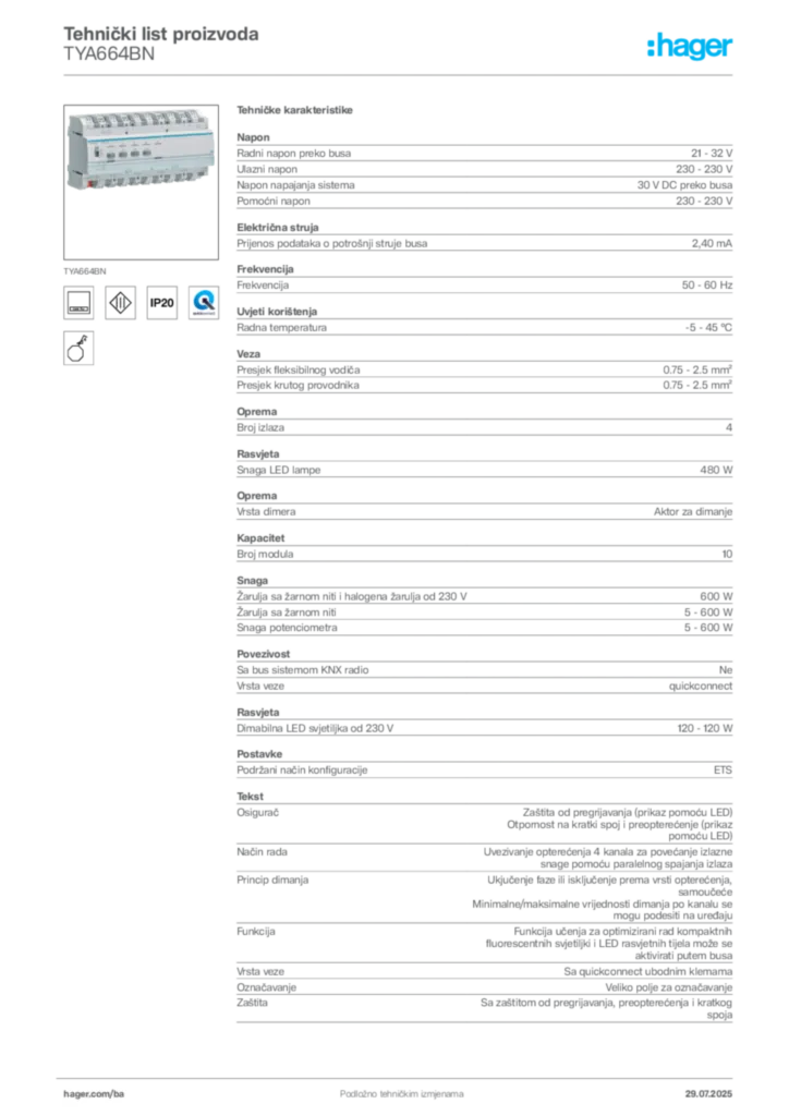 Slika Hager Product data sheet TYA664BN  | Hager
