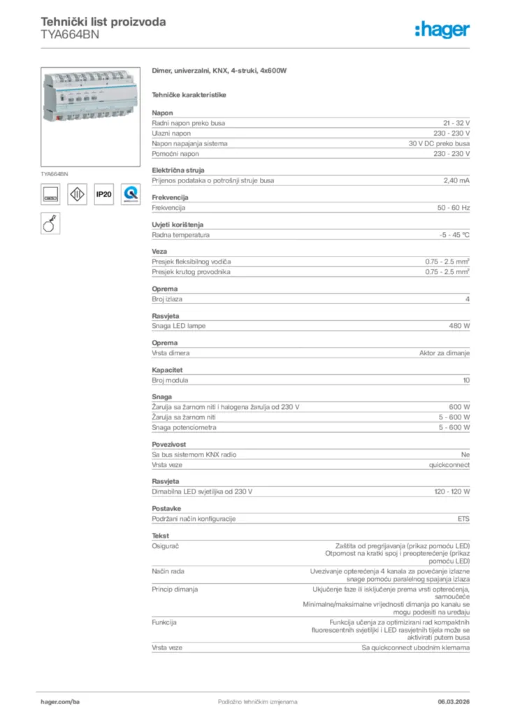 Slika Hager Tehnički list proizvoda TYA664BN  | Hager