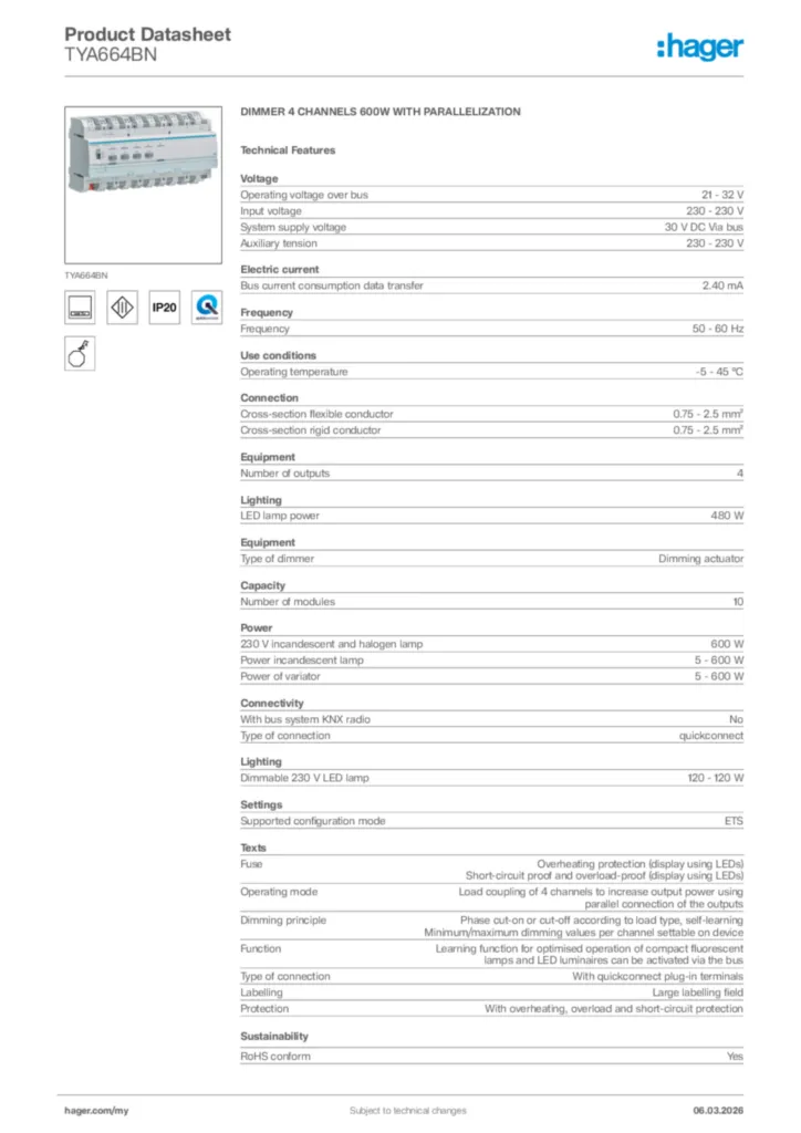 Image Hager Product data sheet TYA664BN  | Hager