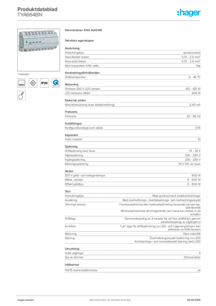 Bild Hager Produktdatablad TYA664BN | Hager Sverige