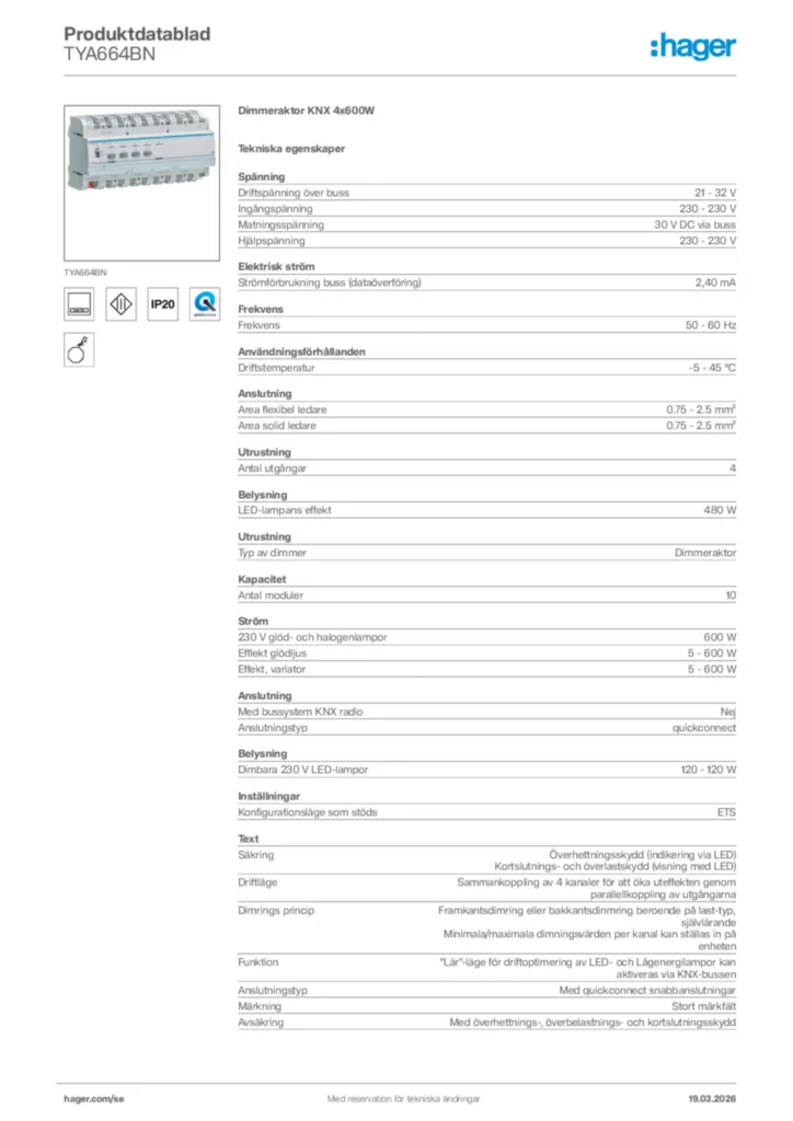 Bild Hager Produktdatablad TYA664BN | Hager Sverige