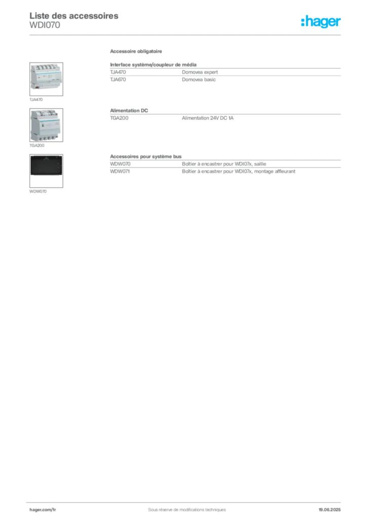 Image Hager Fiche technique du produit WDI070 | Hager France