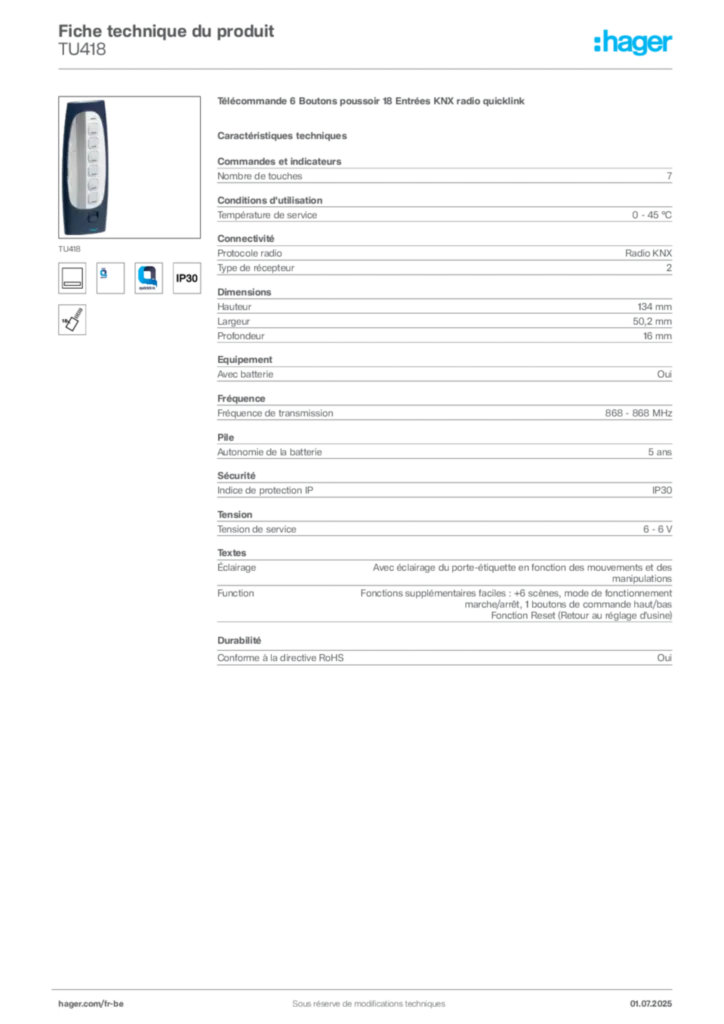 Image Hager Fiche technique du produit TU418 | Hager Belgique
