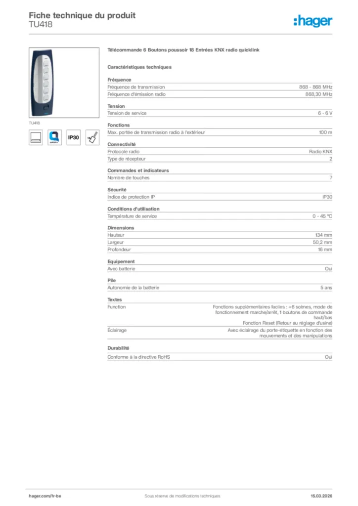 Image Hager Fiche technique du produit TU418 | Hager Belgique