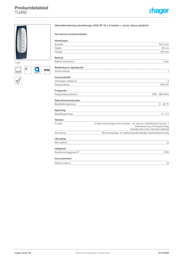 Afbeelding Hager Productdatablad TU418 | Hager Belgium