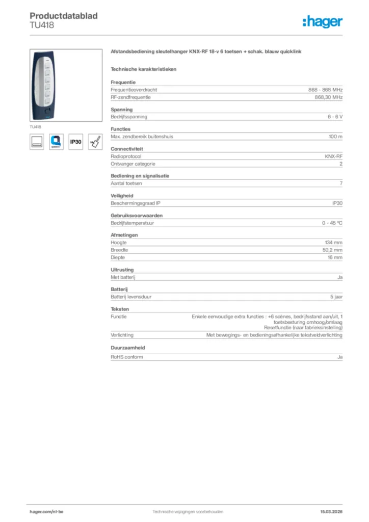 Afbeelding Hager Productdatablad TU418 | Hager Belgium