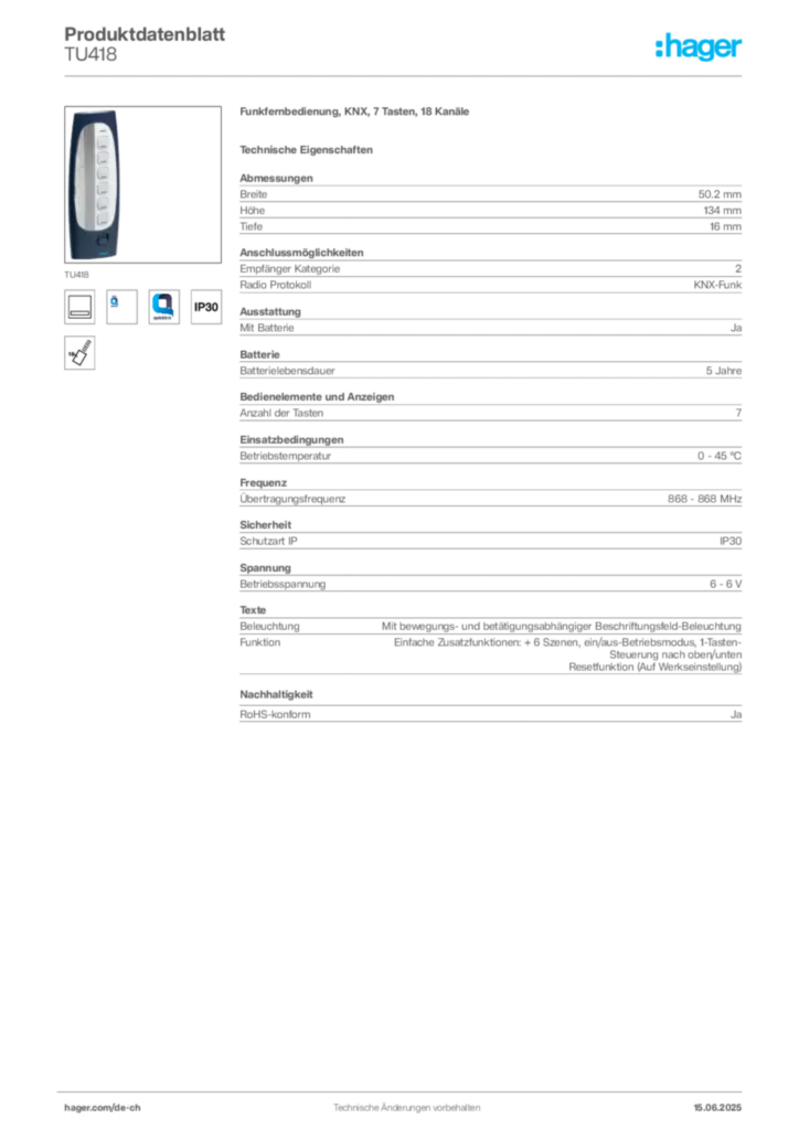 Bild Hager Produktdatenblatt TU418 | Hager Schweiz