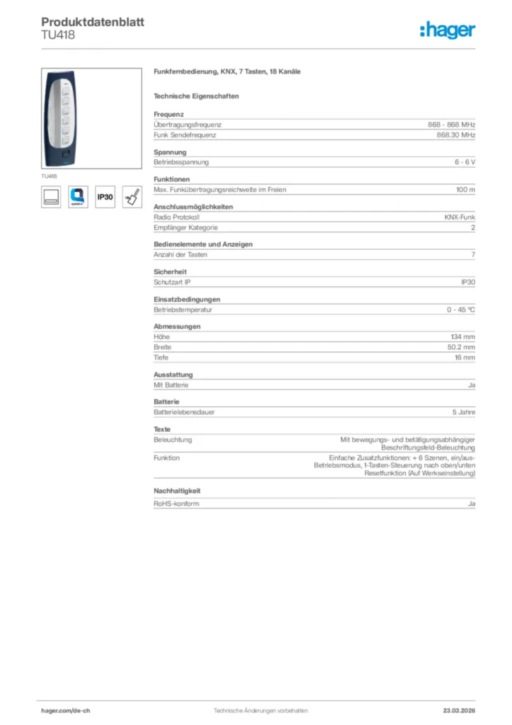 Bild Hager Produktdatenblatt TU418 | Hager Schweiz