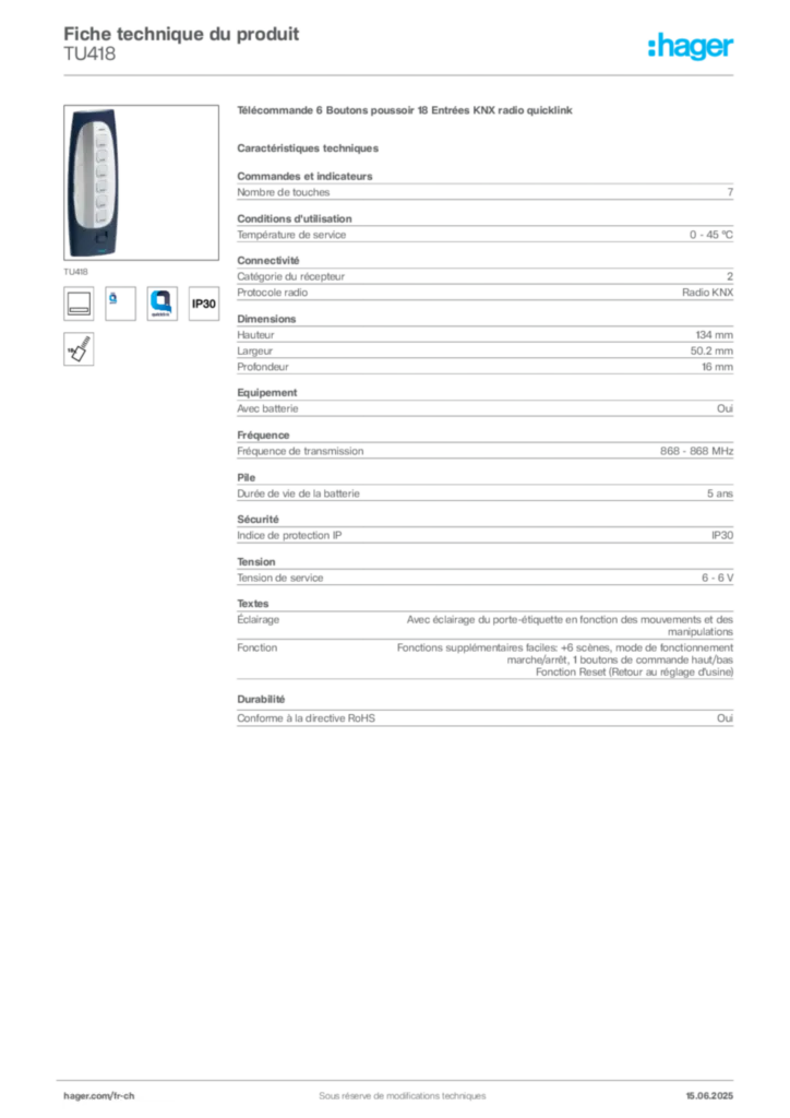 Image Hager Fiche technique du produit TU418 | Hager Suisse
