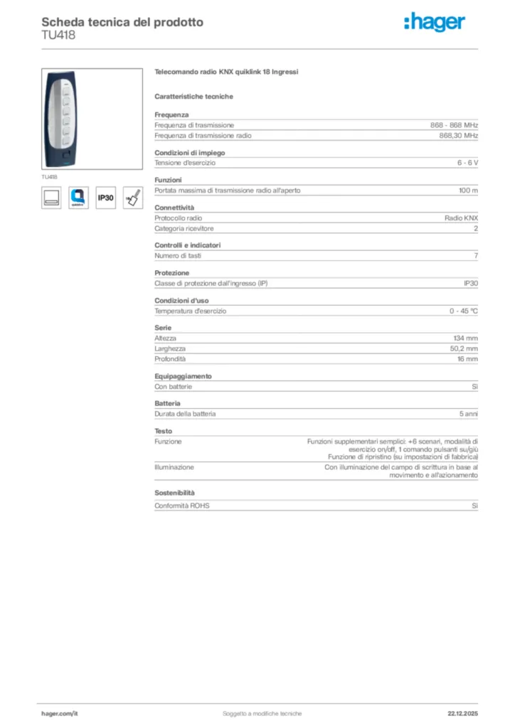 Immagine Hager Scheda tecnica del prodotto TU418 | Hager Italia