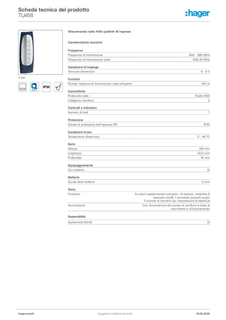 Immagine Hager Scheda tecnica del prodotto TU418 | Hager Italia